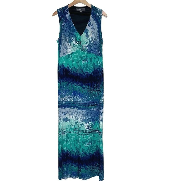 Donna Ricco 14 blue green abstract print sleeveless v-neck maxi dress - Picture 1 of 8